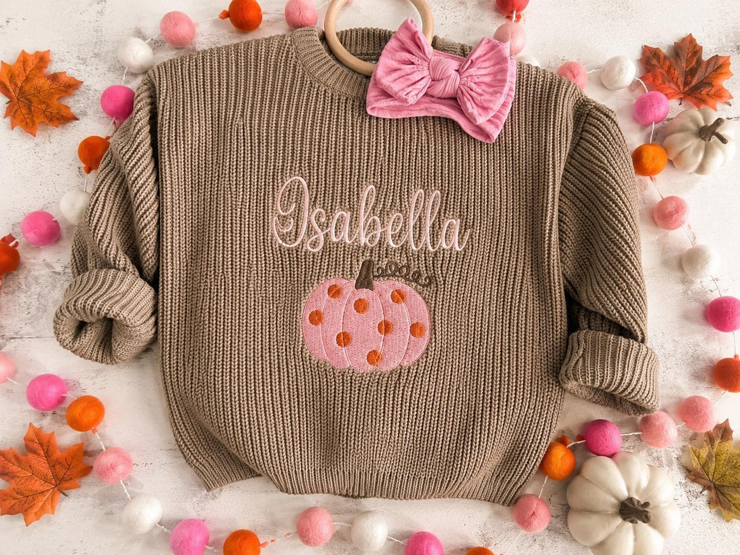 Toddler Girls Pumpkin Sweater: Thanksgiving Custom Embroidered Name Oversized Holiday Sweater