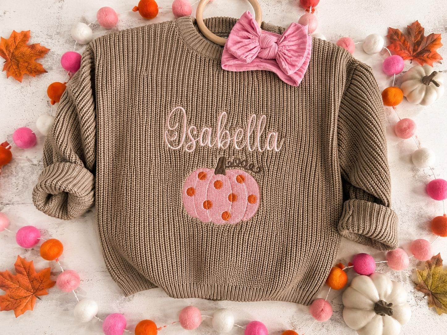 Toddler Girls Pumpkin Sweater: Thanksgiving Custom Embroidered Name Oversized Holiday Sweater