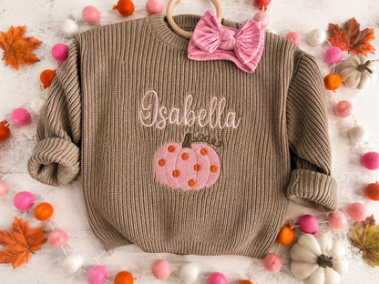 Toddler Girls Pumpkin Sweater: Thanksgiving Custom Embroidered Name Oversized Holiday Sweater