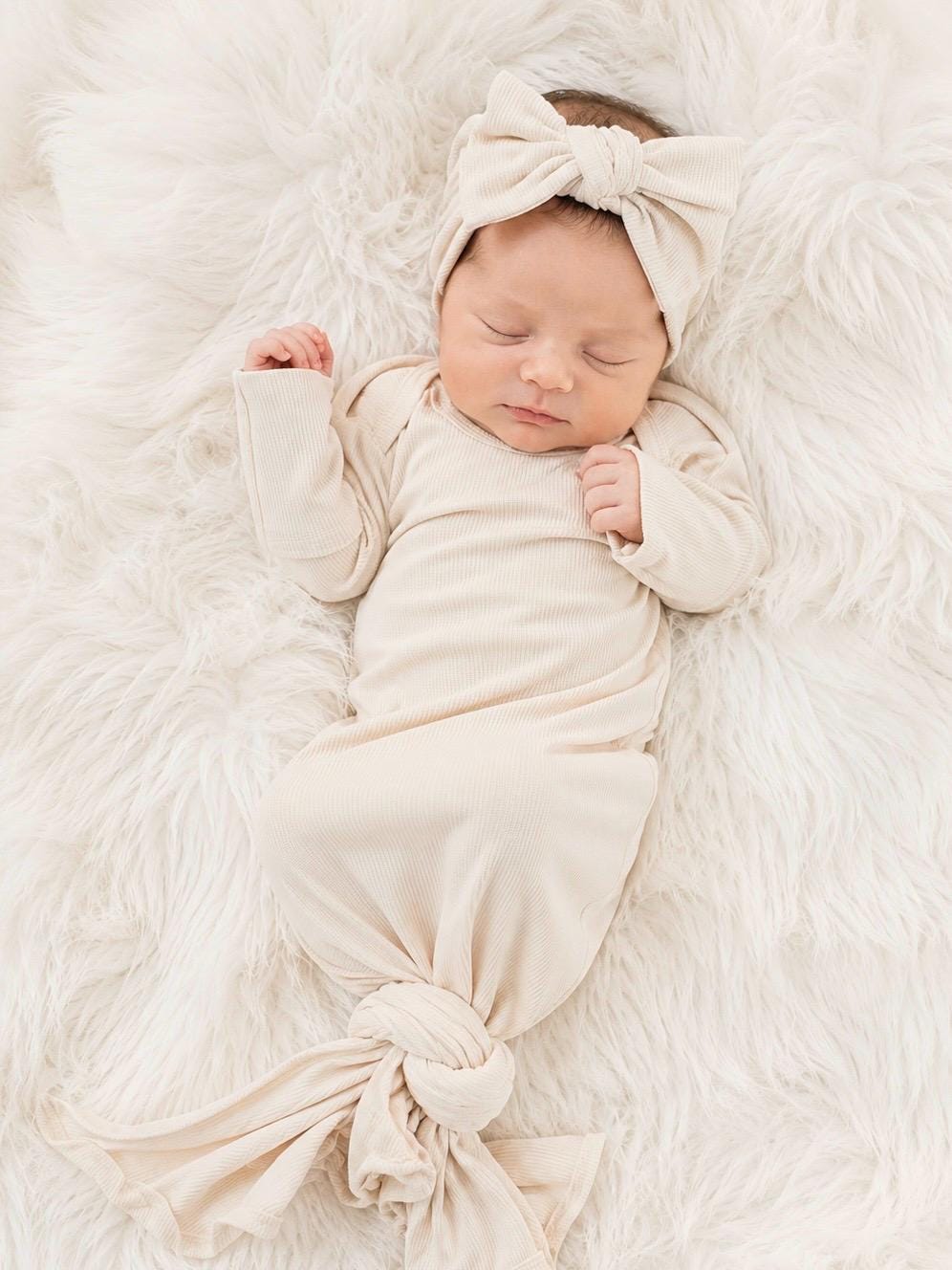 monogrammed embroidered bow baby gown for baby girl, christmas holiday personalized baby shower gift for girl, red light pink blush beige cream baby gift, newborn swaddle headband, coming home outfit, baby shower gift set, pregnancy announcement, baby hospital outfit, custom newborn baby gown with name, hand embroidered baby gift set, the mod mango baby boutique co