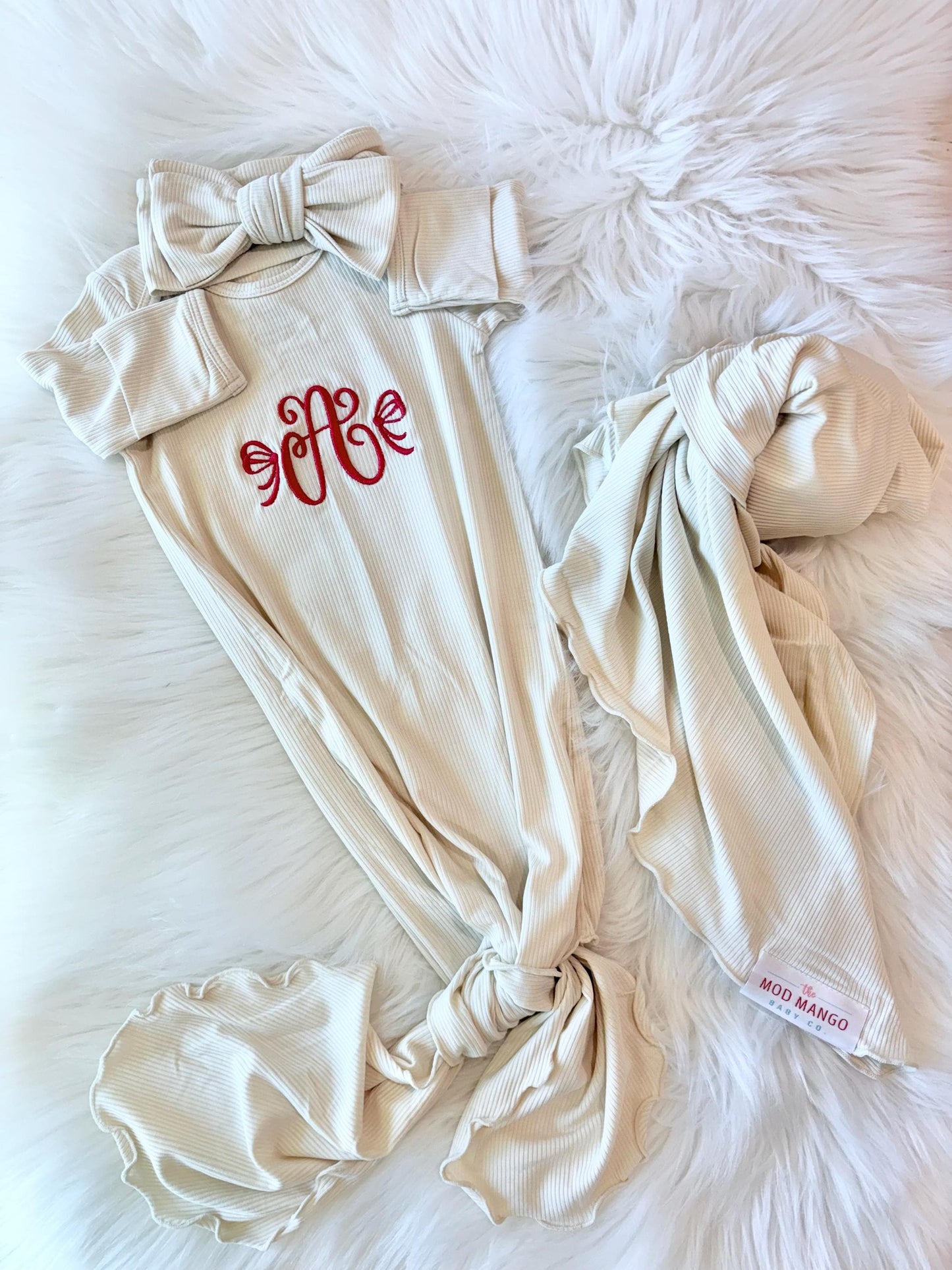 monogrammed embroidered bow baby gown for baby girl, christmas holiday personalized baby shower gift for girl, red light pink blush beige cream baby gift, newborn swaddle headband, coming home outfit, baby shower gift set, pregnancy announcement, baby hospital outfit, custom newborn baby gown with name, hand embroidered baby gift set, the mod mango baby boutique co