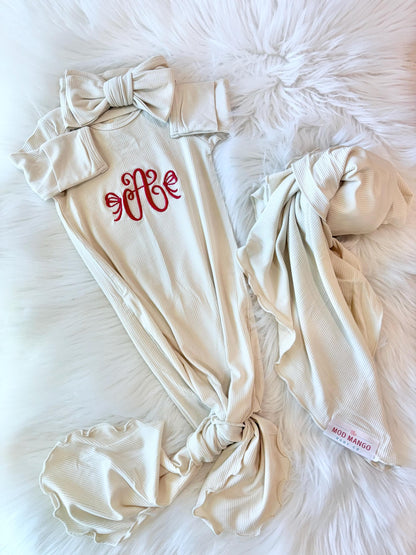 monogrammed embroidered bow baby gown for baby girl, christmas holiday personalized baby shower gift for girl, red light pink blush beige cream baby gift, newborn swaddle headband, coming home outfit, baby shower gift set, pregnancy announcement, baby hospital outfit, custom newborn baby gown with name, hand embroidered baby gift set, the mod mango baby boutique co