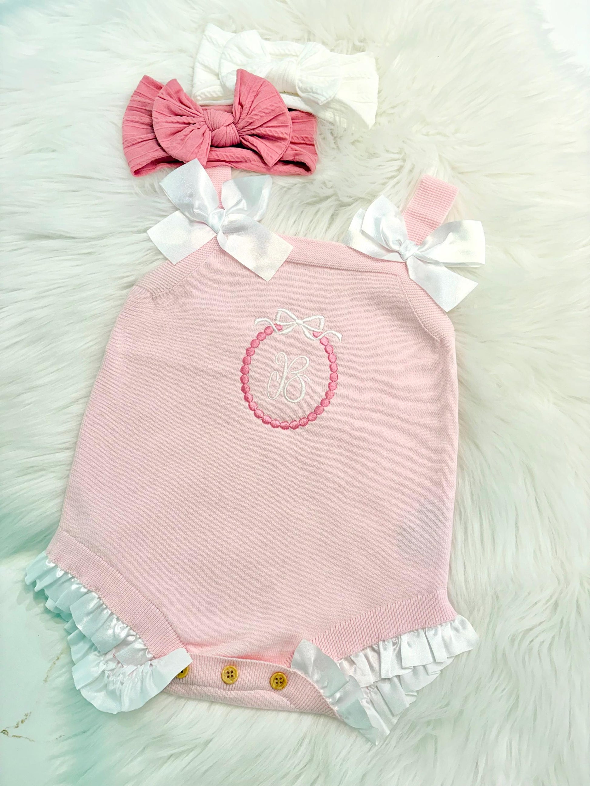 baby girls monogrammed pink bow romper Outfit shower gift personalized, pink baby girl outfit, personalized gift outfit baby girl, white and pink romper outfit baby girl, pink and white easter spring outfit, knitted knit baby romper, spring baby romper, the modmango