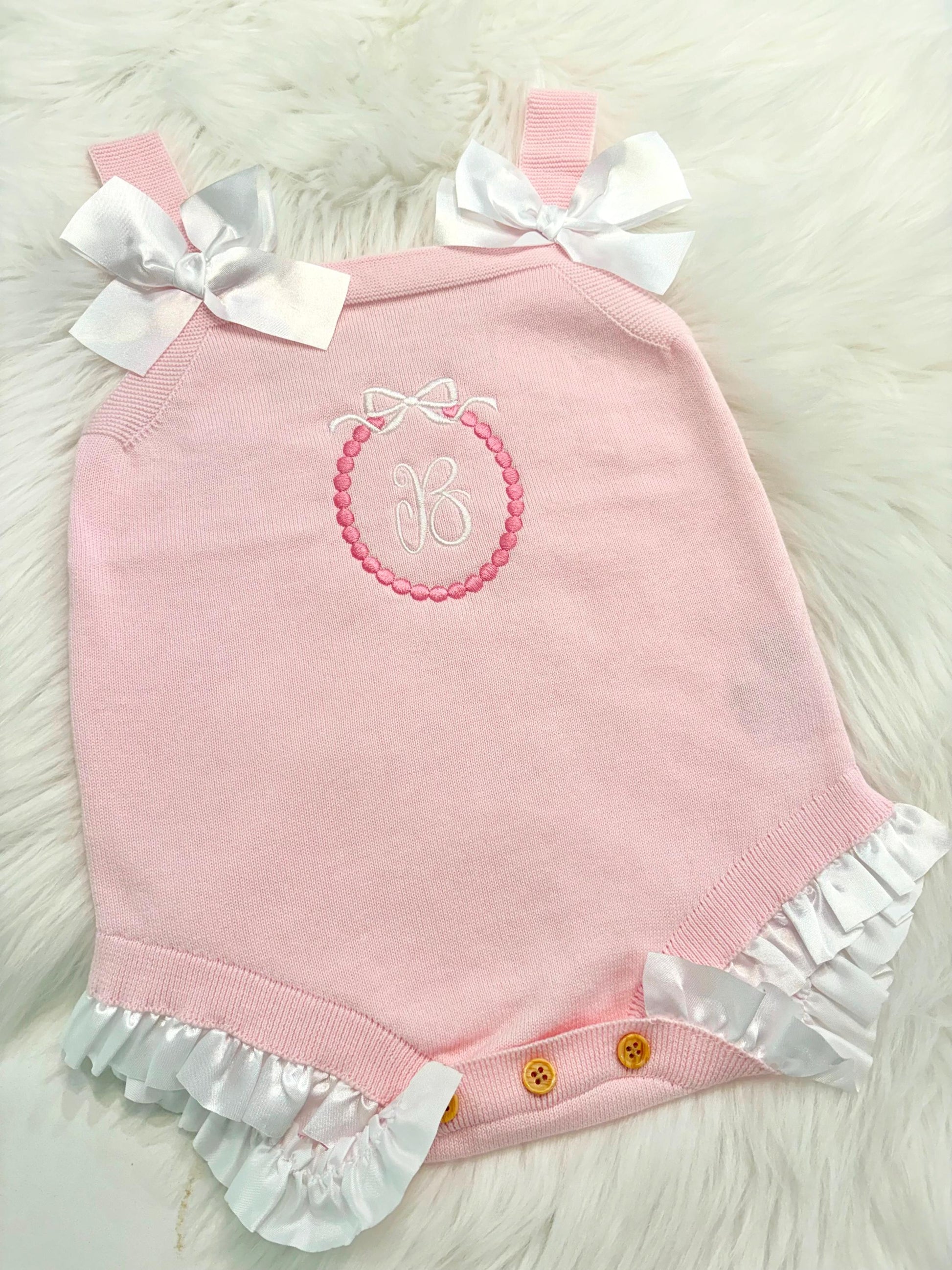 baby girls monogrammed pink bow romper Outfit shower gift personalized, pink baby girl outfit, personalized gift outfit baby girl, white and pink romper outfit baby girl, pink and white easter spring outfit, knitted knit baby romper, spring baby romper, the modmango