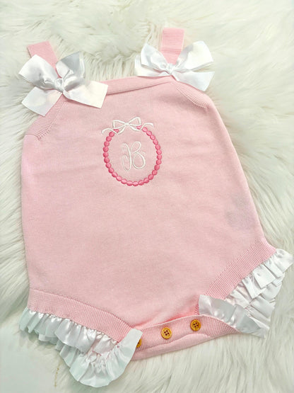 baby girls monogrammed pink bow romper Outfit shower gift personalized, pink baby girl outfit, personalized gift outfit baby girl, white and pink romper outfit baby girl, pink and white easter spring outfit, knitted knit baby romper, spring baby romper, the modmango