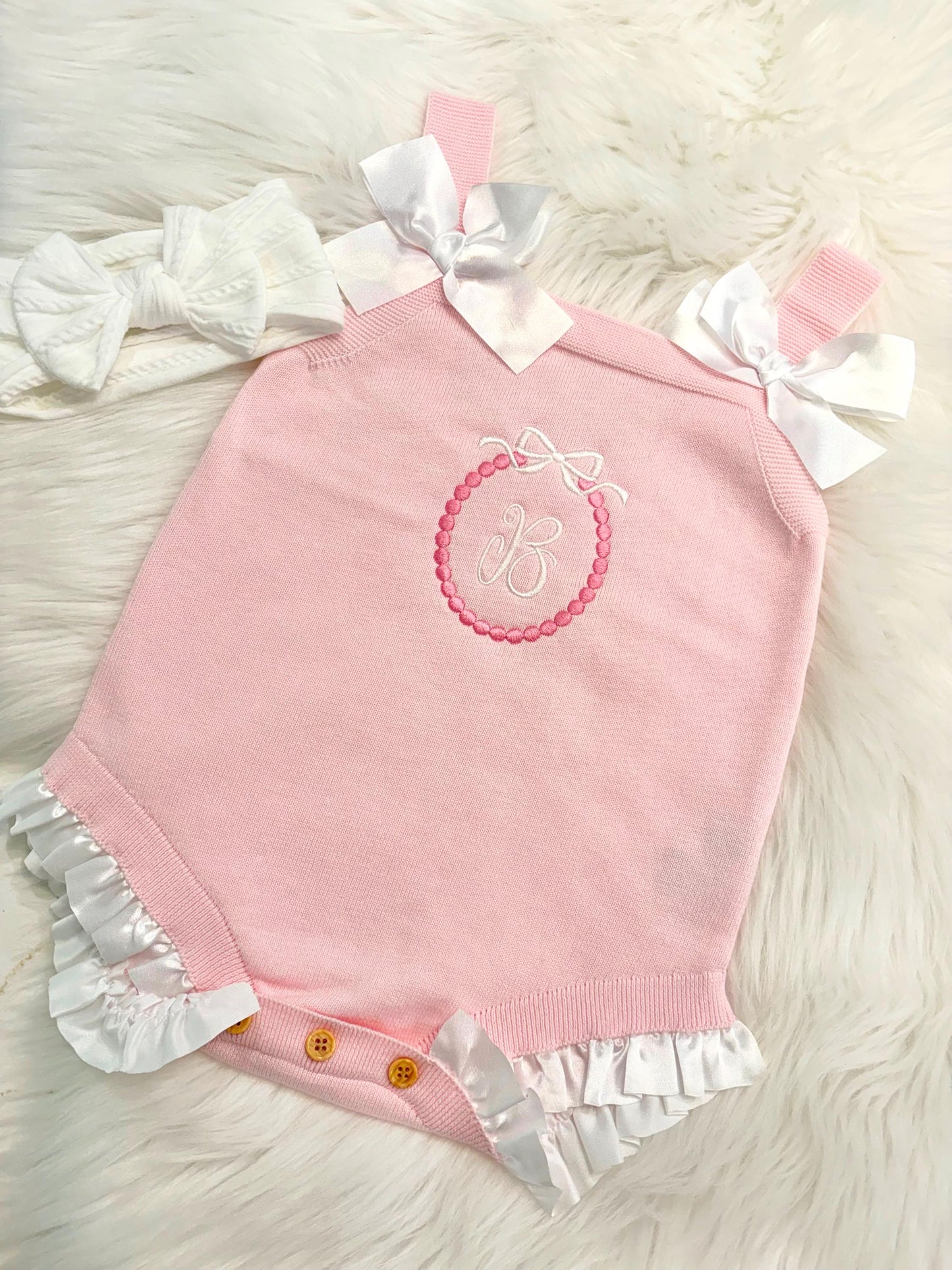 baby girls monogrammed pink bow romper Outfit shower gift personalized, pink baby girl outfit, personalized gift outfit baby girl, white and pink romper outfit baby girl, pink and white easter spring outfit, knitted knit baby romper, spring baby romper, the modmango