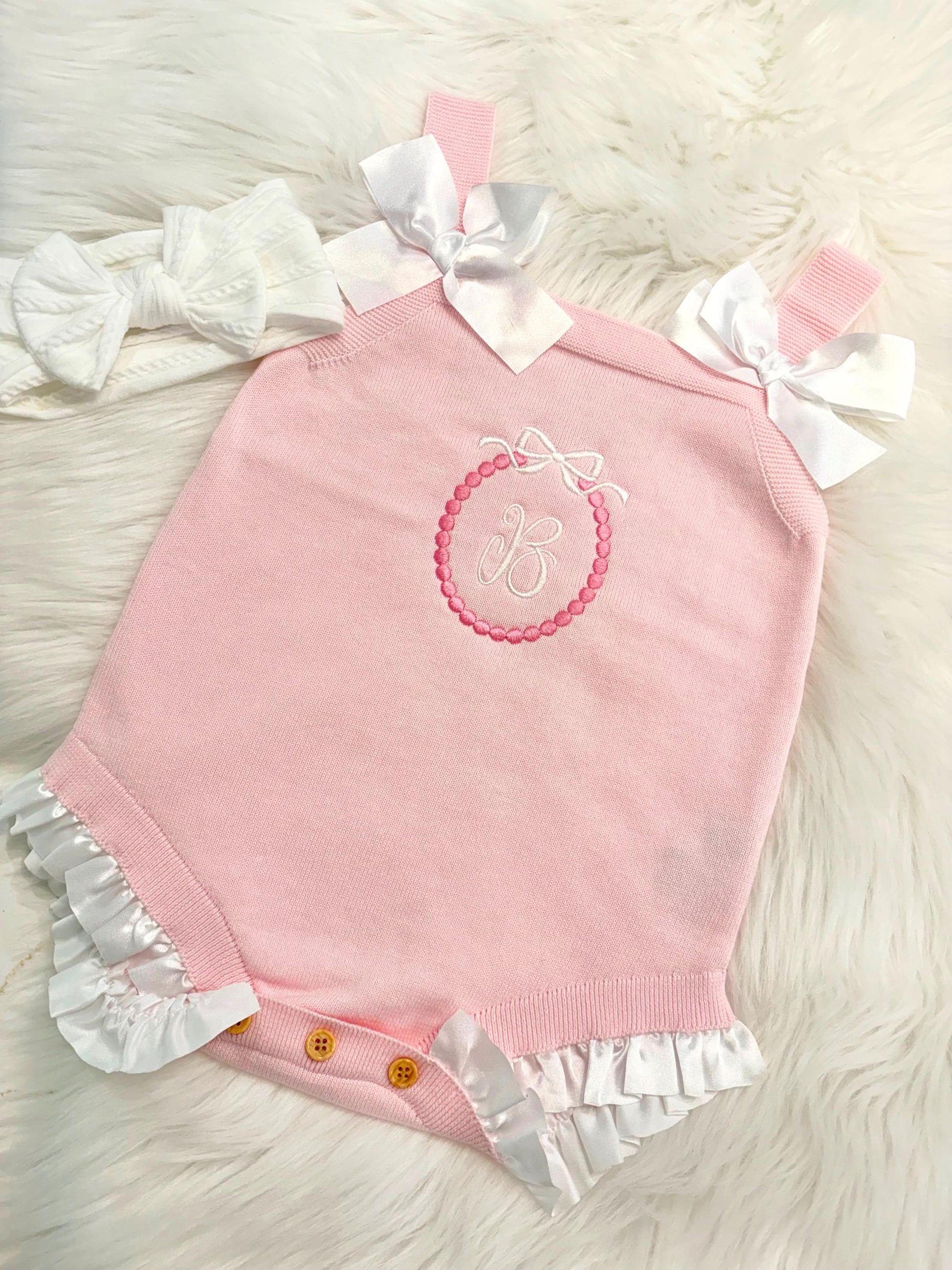 baby girls monogrammed pink bow romper Outfit shower gift personalized, pink baby girl outfit, personalized gift outfit baby girl, white and pink romper outfit baby girl, pink and white easter spring outfit, knitted knit baby romper, spring baby romper, the modmango