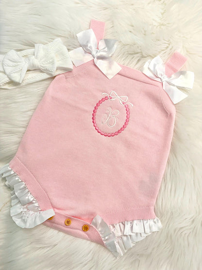 baby girls monogrammed pink bow romper Outfit shower gift personalized, pink baby girl outfit, personalized gift outfit baby girl, white and pink romper outfit baby girl, pink and white easter spring outfit, knitted knit baby romper, spring baby romper, the modmango