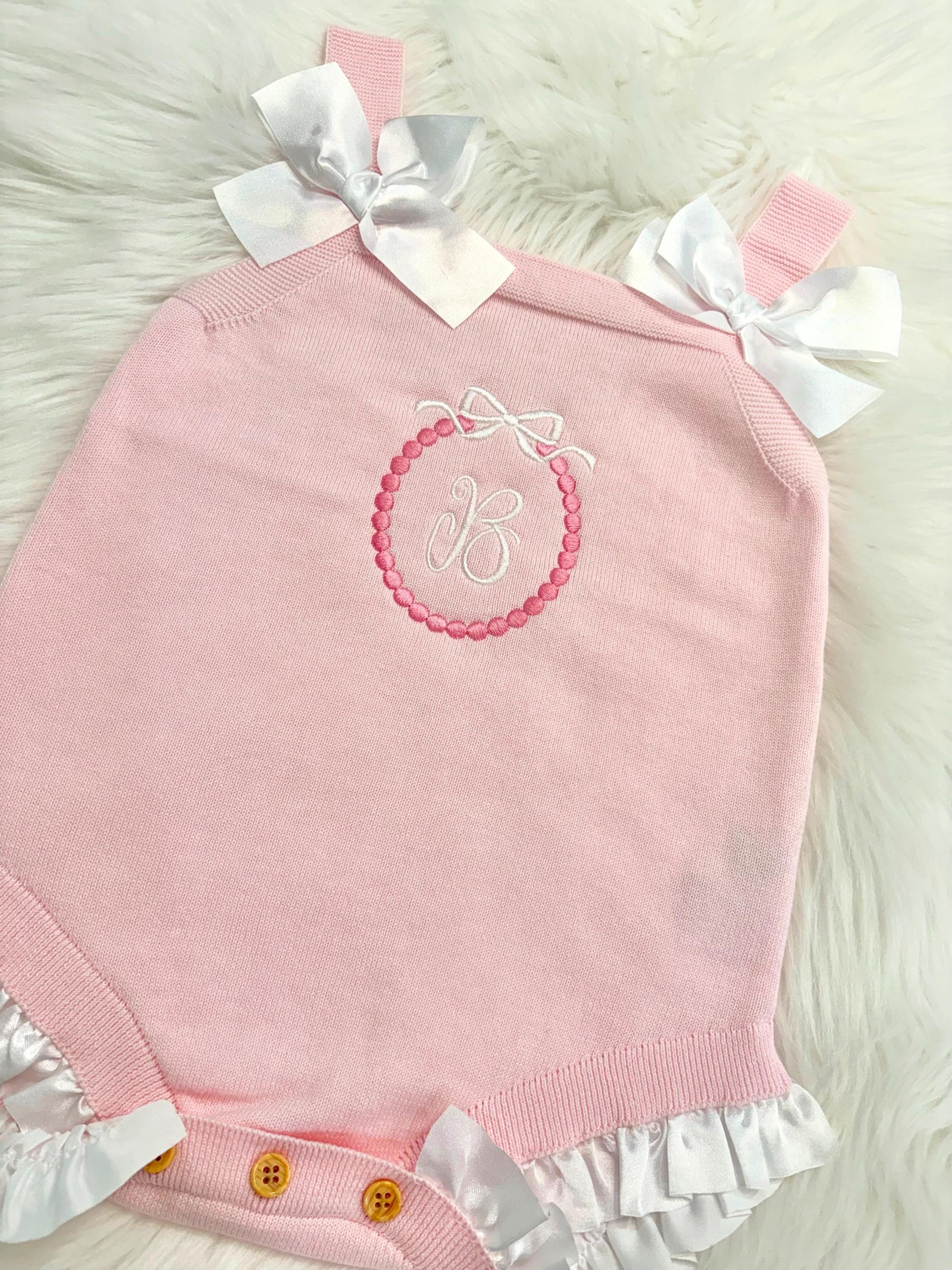 baby girls monogrammed pink bow romper Outfit shower gift personalized, pink baby girl outfit, personalized gift outfit baby girl, white and pink romper outfit baby girl, pink and white easter spring outfit, knitted knit baby romper, spring baby romper, the modmango