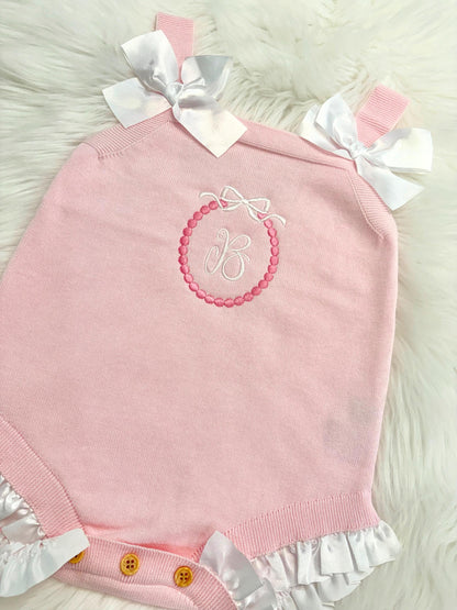 baby girls monogrammed pink bow romper Outfit shower gift personalized, pink baby girl outfit, personalized gift outfit baby girl, white and pink romper outfit baby girl, pink and white easter spring outfit, knitted knit baby romper, spring baby romper, the modmango
