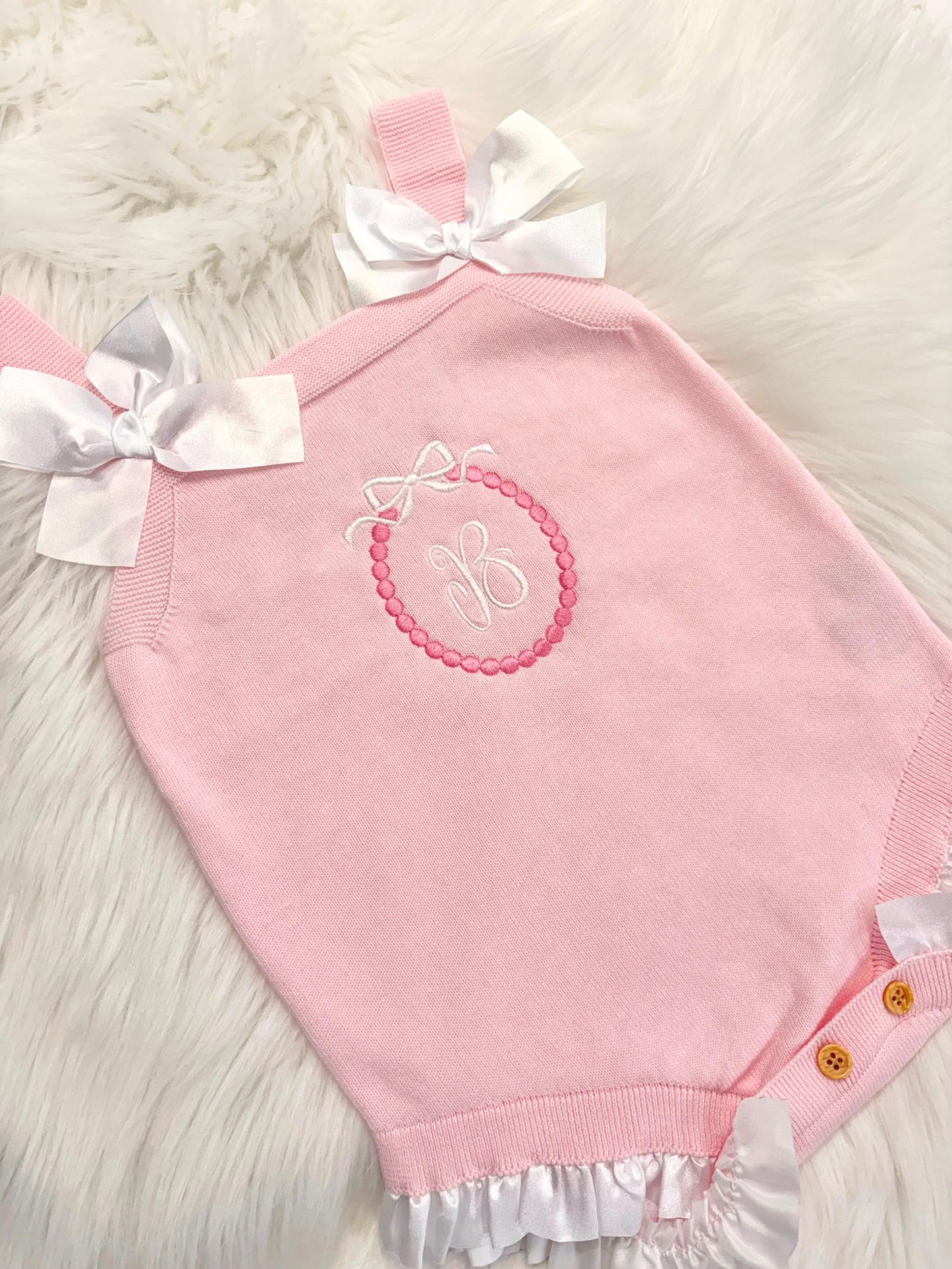 baby girls monogrammed pink bow romper Outfit shower gift personalized, pink baby girl outfit, personalized gift outfit baby girl, white and pink romper outfit baby girl, pink and white easter spring outfit, knitted knit baby romper, spring baby romper, the modmango