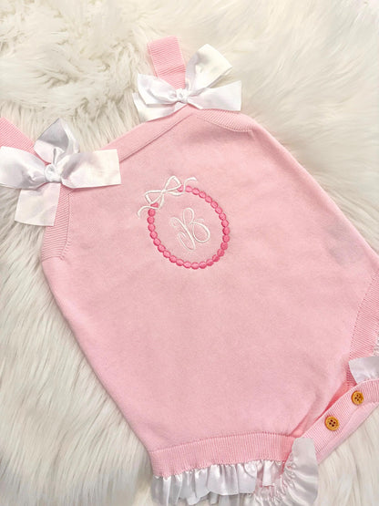 baby girls monogrammed pink bow romper Outfit shower gift personalized, pink baby girl outfit, personalized gift outfit baby girl, white and pink romper outfit baby girl, pink and white easter spring outfit, knitted knit baby romper, spring baby romper, the modmango