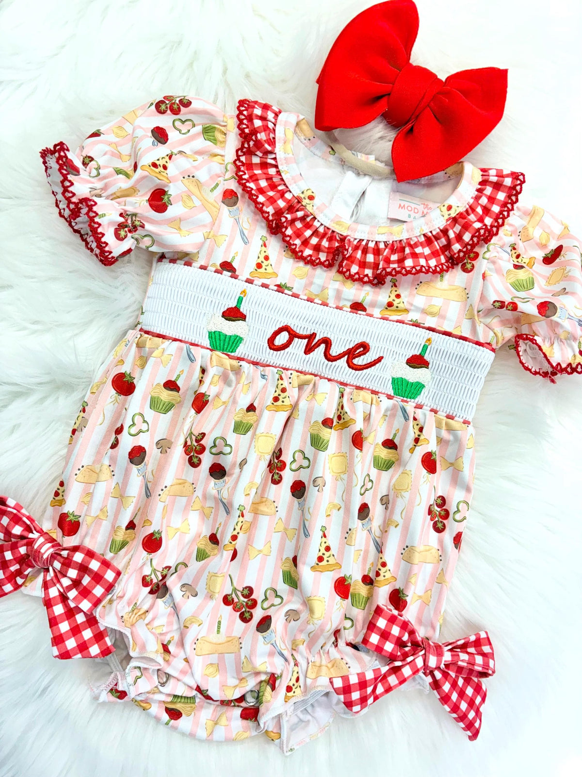 holy cannoli first birthday outfit bubble romper red and pink stripes and bows first birthday girl romper pink red  green and white gingham outfit, one little meatball italian girls pasta pizza spaghetti noodles red white smocked bubble romper first birthday bows ruffle embroidered smocked meat ball cupcake cannoli italian 1st birthday outfit romper baby girl, the mod mango