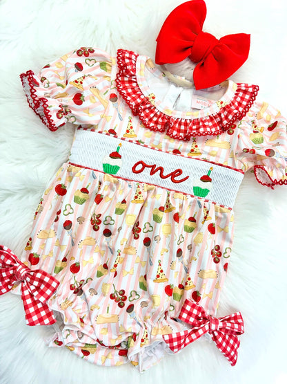 holy cannoli first birthday outfit bubble romper red and pink stripes and bows first birthday girl romper pink red  green and white gingham outfit, one little meatball italian girls pasta pizza spaghetti noodles red white smocked bubble romper first birthday bows ruffle embroidered smocked meat ball cupcake cannoli italian 1st birthday outfit romper baby girl, the mod mango