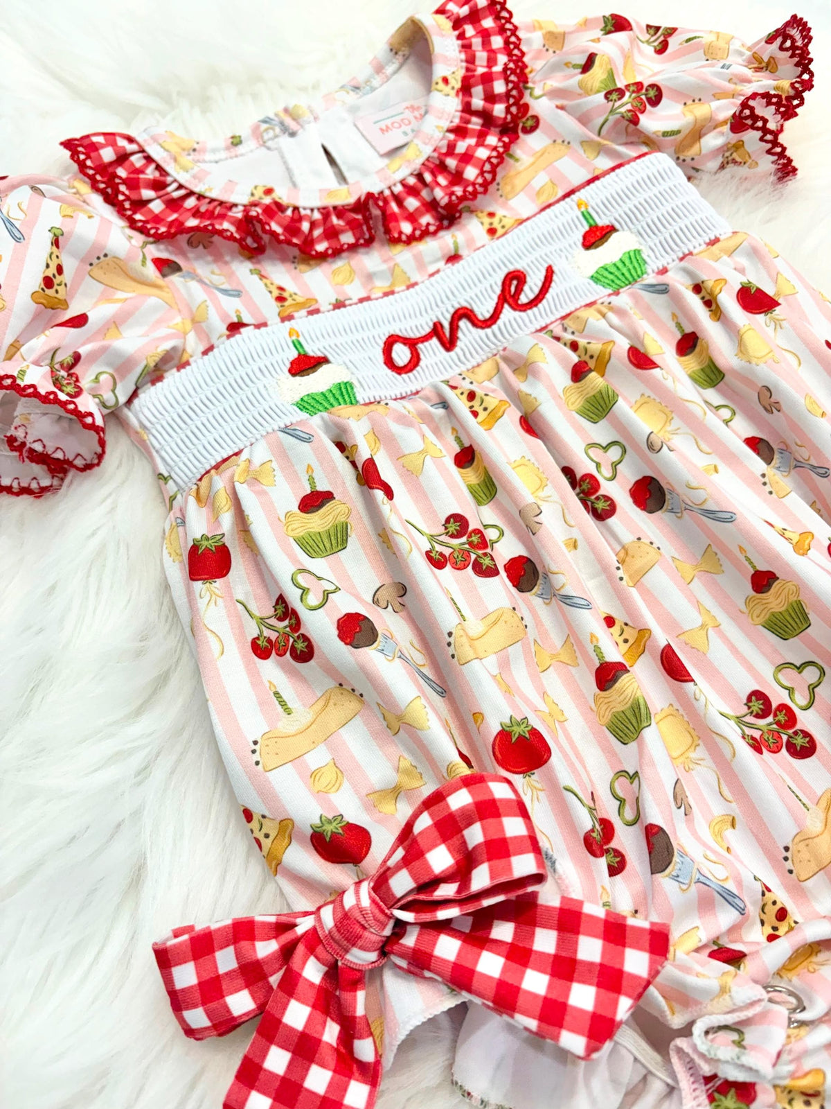 holy cannoli first birthday outfit bubble romper red and pink stripes and bows first birthday girl romper pink red  green and white gingham outfit, one little meatball italian girls pasta pizza spaghetti noodles red white smocked bubble romper first birthday bows ruffle embroidered smocked meat ball cupcake cannoli italian 1st birthday outfit romper baby girl, the mod mango