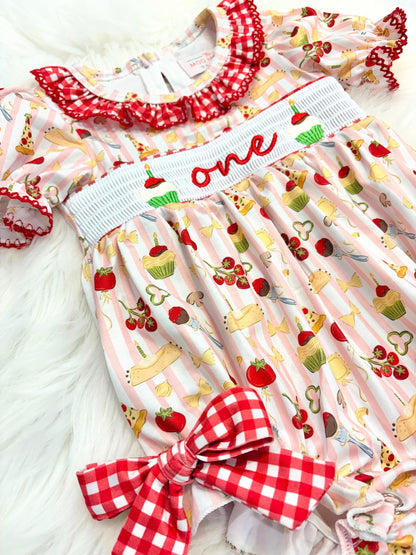 holy cannoli first birthday outfit bubble romper red and pink stripes and bows first birthday girl romper pink red  green and white gingham outfit, one little meatball italian girls pasta pizza spaghetti noodles red white smocked bubble romper first birthday bows ruffle embroidered smocked meat ball cupcake cannoli italian 1st birthday outfit romper baby girl, the mod mango
