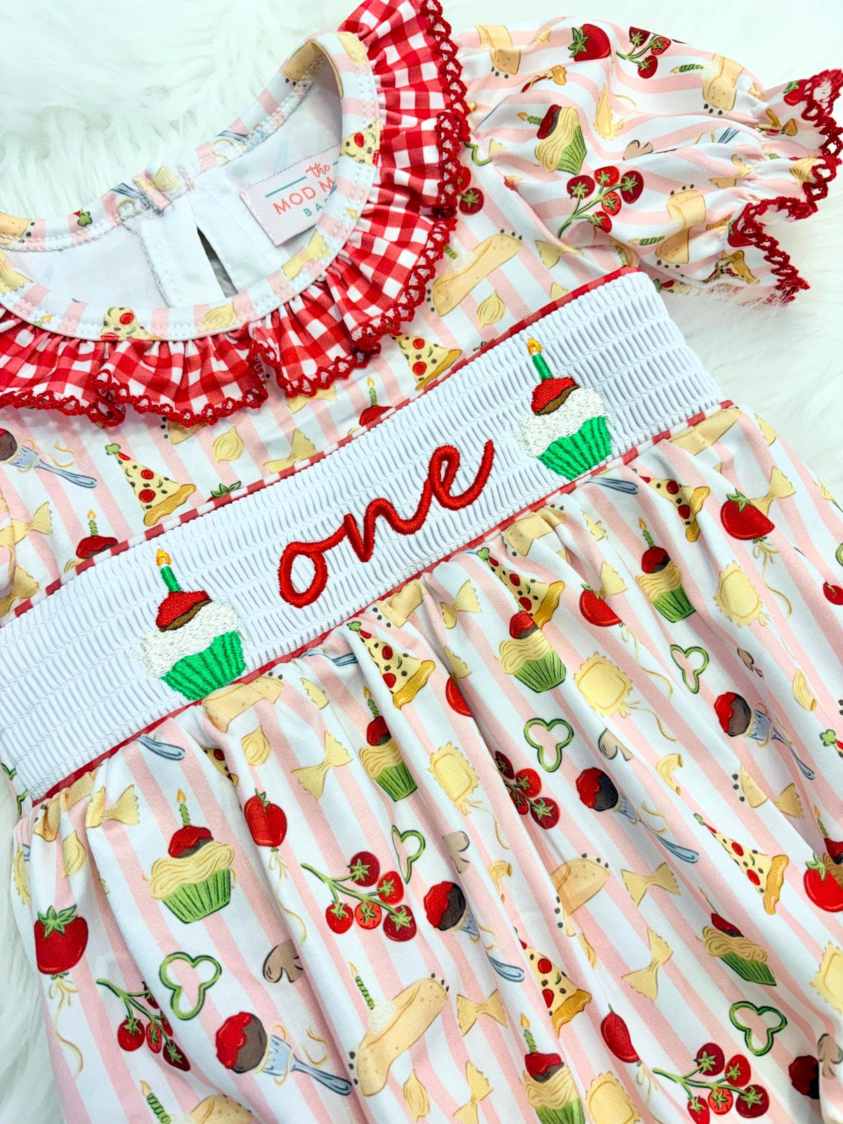 holy cannoli first birthday outfit bubble romper red and pink stripes and bows first birthday girl romper pink red  green and white gingham outfit, one little meatball italian girls pasta pizza spaghetti noodles red white smocked bubble romper first birthday bows ruffle embroidered smocked meat ball cupcake cannoli italian 1st birthday outfit romper baby girl, the mod mango