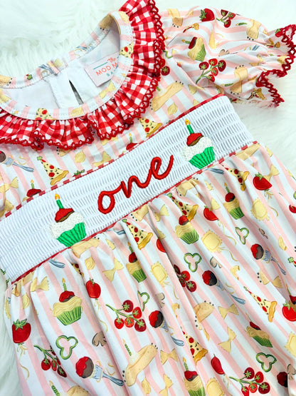 holy cannoli first birthday outfit bubble romper red and pink stripes and bows first birthday girl romper pink red  green and white gingham outfit, one little meatball italian girls pasta pizza spaghetti noodles red white smocked bubble romper first birthday bows ruffle embroidered smocked meat ball cupcake cannoli italian 1st birthday outfit romper baby girl, the mod mango