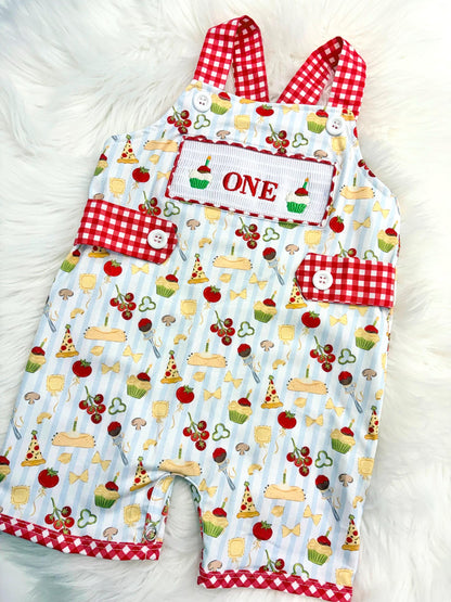 one little meatball cake smash outfit first birthday shirt boy romper italian pizza pasta cannoli blue stripes green red white checkered gingham spaghetti meatball cupcakes smash cake outfit overalls, ONE smocked romper first birthday happy boy, meatball embroidered smocked spring summer 1st birthday boy outfit romper baby boys cake smash outfit, the mod mango baby boutique co