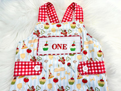 one little meatball cake smash outfit first birthday shirt boy romper italian pizza pasta cannoli blur stripes green red white checkered gingham spaghetti meatball cupcakes smash cake outfit overalls, ONE smocked romper first birthday happy boy, meatball embroidered smocked spring summer 1st birthday boy outfit romper baby boys cake smash outfit, the mod mango baby boutique co