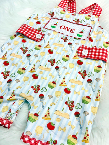 one little meatball cake smash outfit first birthday shirt boy romper italian pizza pasta cannoli blur stripes green red white checkered gingham spaghetti meatball cupcakes smash cake outfit overalls, ONE smocked romper first birthday happy boy, meatball embroidered smocked spring summer 1st birthday boy outfit romper baby boys cake smash outfit, the mod mango baby boutique co