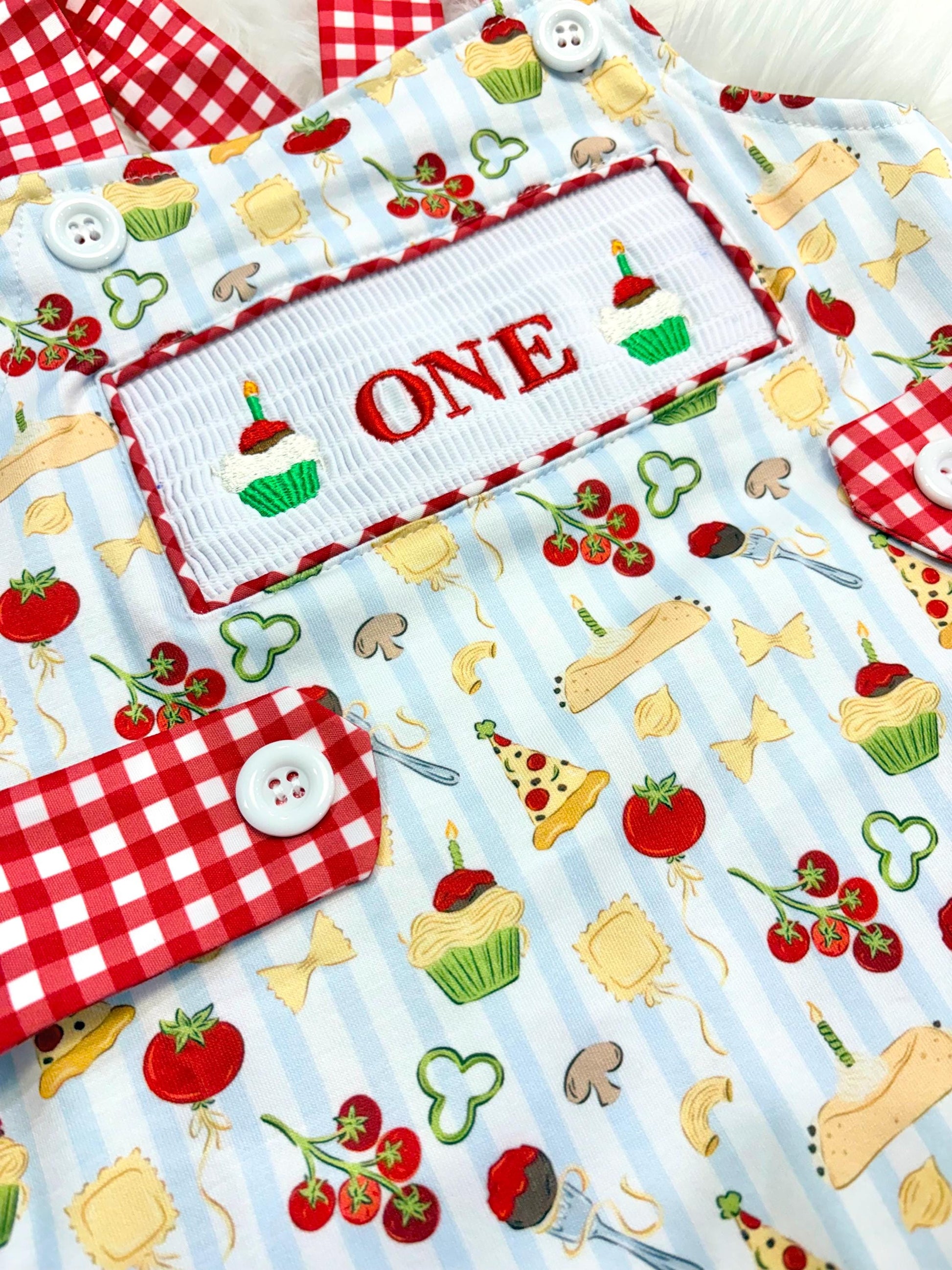 one little meatball cake smash outfit first birthday shirt boy romper italian pizza pasta cannoli blur stripes green red white checkered gingham spaghetti meatball cupcakes smash cake outfit overalls, ONE smocked romper first birthday happy boy, meatball embroidered smocked spring summer 1st birthday boy outfit romper baby boys cake smash outfit, the mod mango baby boutique co