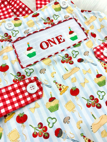 one little meatball cake smash outfit first birthday shirt boy romper italian pizza pasta cannoli blur stripes green red white checkered gingham spaghetti meatball cupcakes smash cake outfit overalls, ONE smocked romper first birthday happy boy, meatball embroidered smocked spring summer 1st birthday boy outfit romper baby boys cake smash outfit, the mod mango baby boutique co