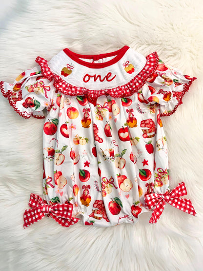 cutest one in the bushel apple of our eye first birthday outfit bubble romper red white and bows first birthday girl romper pink red and white gingham outfit, one apple of our eye red white smocked bubble romper first birthday bows ruffle embroidered smocked candy apple fall apples 1st birthday outfit romper baby girl, the mod mango