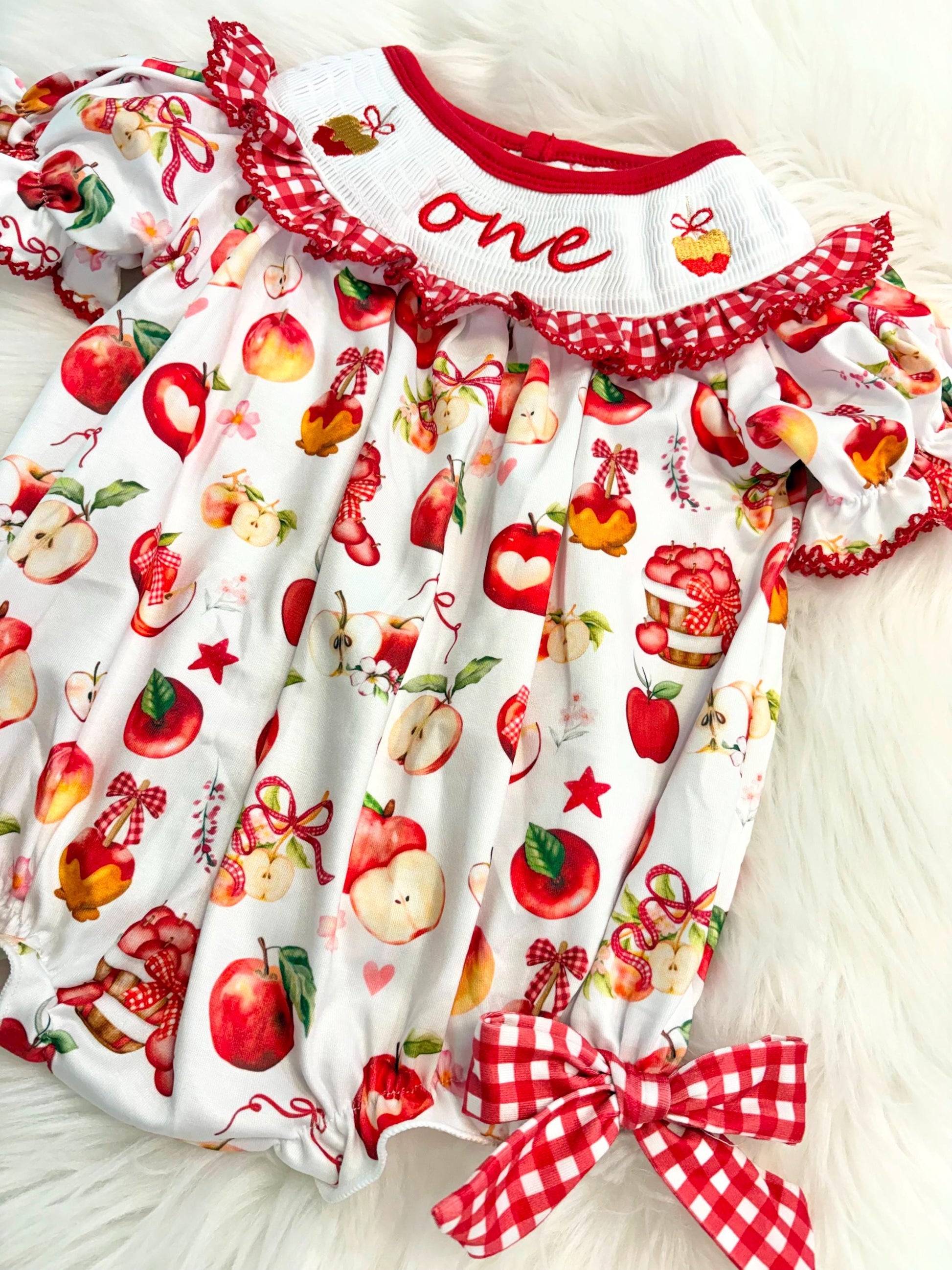cutest one in the bushel apple of our eye first birthday outfit bubble romper red white and bows first birthday girl romper pink red and white gingham outfit, one apple of our eye red white smocked bubble romper first birthday bows ruffle embroidered smocked candy apple fall apples 1st birthday outfit romper baby girl, the mod mango