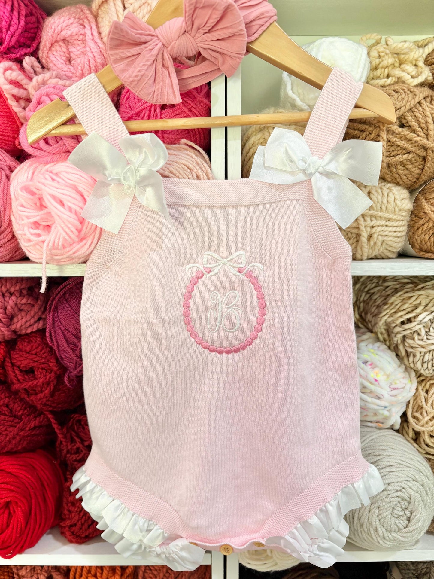 baby girls monogrammed pink bow romper Outfit shower gift personalized, pink baby girl outfit, personalized gift outfit baby girl, white and pink romper outfit baby girl, pink and white easter spring outfit, knitted knit baby romper, spring baby romper, the modmango