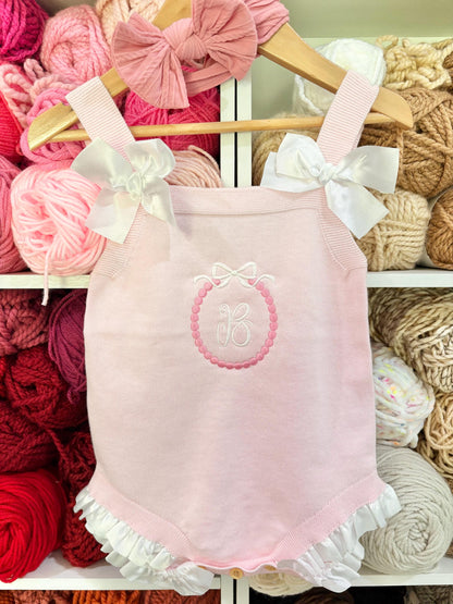baby girls monogrammed pink bow romper Outfit shower gift personalized, pink baby girl outfit, personalized gift outfit baby girl, white and pink romper outfit baby girl, pink and white easter spring outfit, knitted knit baby romper, spring baby romper, the modmango