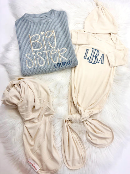 custom monogrammed personalized baby coming home outfit layette set, big sister big brother sweater little sister little brother gown outfit big sister little sister big brother little brother matching set, Baby Toddler Name Sweater, matching siblings hospital outfit, Red and white, tan, beige, blue, mint green, lavender, blush pink, brown, confetti chunky knit personalized sweater shirt outfit, newborn bamboo gown with hat headband and swaddle set, the mod mango baby co, outfit baby toddler