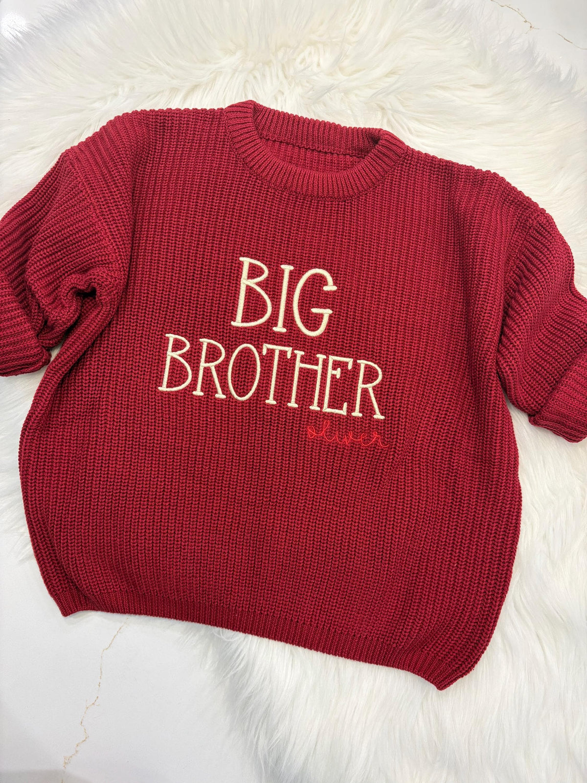 personalized big brother big sister sweater, custom name sweater for big sister, custom name sweater for big brother, fall sibling sweater, chunky knit sweater for siblings, fall shirt sweater sweatshirt big brother big sister, red, blue, beige, confetti, brown, mint green, white, lavender purple, blush pink, custom toddler sweaters, the modmango baby co, themodmango baby boutique