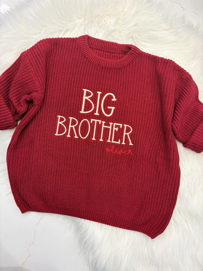 personalized big brother big sister sweater, custom name sweater for big sister, custom name sweater for big brother, fall sibling sweater, chunky knit sweater for siblings, fall shirt sweater sweatshirt big brother big sister, red, blue, beige, confetti, brown, mint green, white, lavender purple, blush pink, custom toddler sweaters, the modmango baby co, themodmango baby boutique