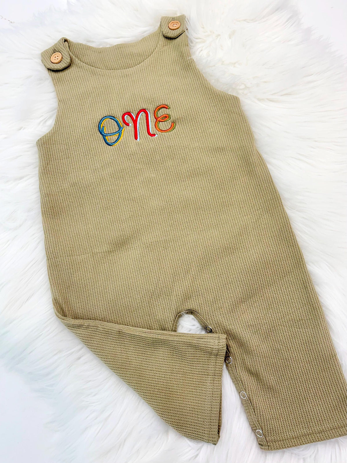 colorful green fun to be one waffle knit baby boys first birthday one romper overalls jon jons olive green, blue, yellow, red, orange, first birthday theme boys romper first birthday overalls outfit one boys first birthday outfit, the mod mango baby boutique co
