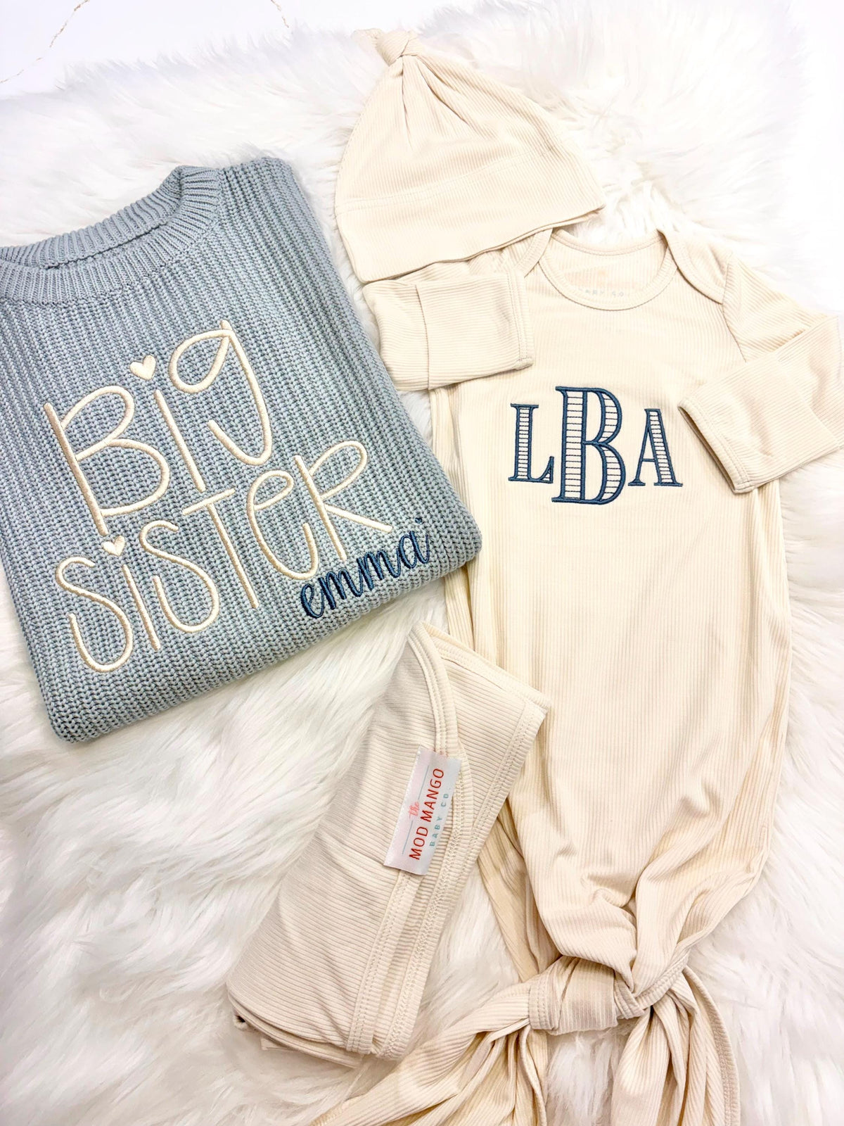 custom monogrammed personalized baby coming home outfit layette set, big sister big brother sweater little sister little brother gown outfit big sister little sister big brother little brother matching set, Baby Toddler Name Sweater, matching siblings hospital outfit, Red and white, tan, beige, blue, mint green, lavender, blush pink, brown, confetti chunky knit personalized sweater shirt outfit, newborn bamboo gown with hat headband and swaddle set, the mod mango baby co, outfit baby toddler
