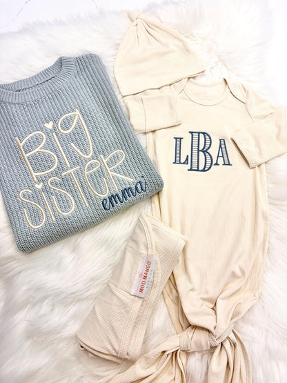 custom monogrammed personalized baby coming home outfit layette set, big sister big brother sweater little sister little brother gown outfit big sister little sister big brother little brother matching set, Baby Toddler Name Sweater, matching siblings hospital outfit, Red and white, tan, beige, blue, mint green, lavender, blush pink, brown, confetti chunky knit personalized sweater shirt outfit, newborn bamboo gown with hat headband and swaddle set, the mod mango baby co, outfit baby toddler