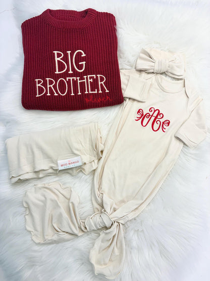 custom monogrammed personalized baby coming home outfit layette set, big sister big brother sweater little sister little brother gown outfit big sister little sister big brother little brother matching set, Baby Toddler Name Sweater, matching siblings hospital outfit, Red and white, tan, beige, blue, mint green, lavender, blush pink, brown, confetti chunky knit personalized sweater shirt outfit, newborn bamboo gown with hat headband and swaddle set, the mod mango baby co, outfit baby toddler