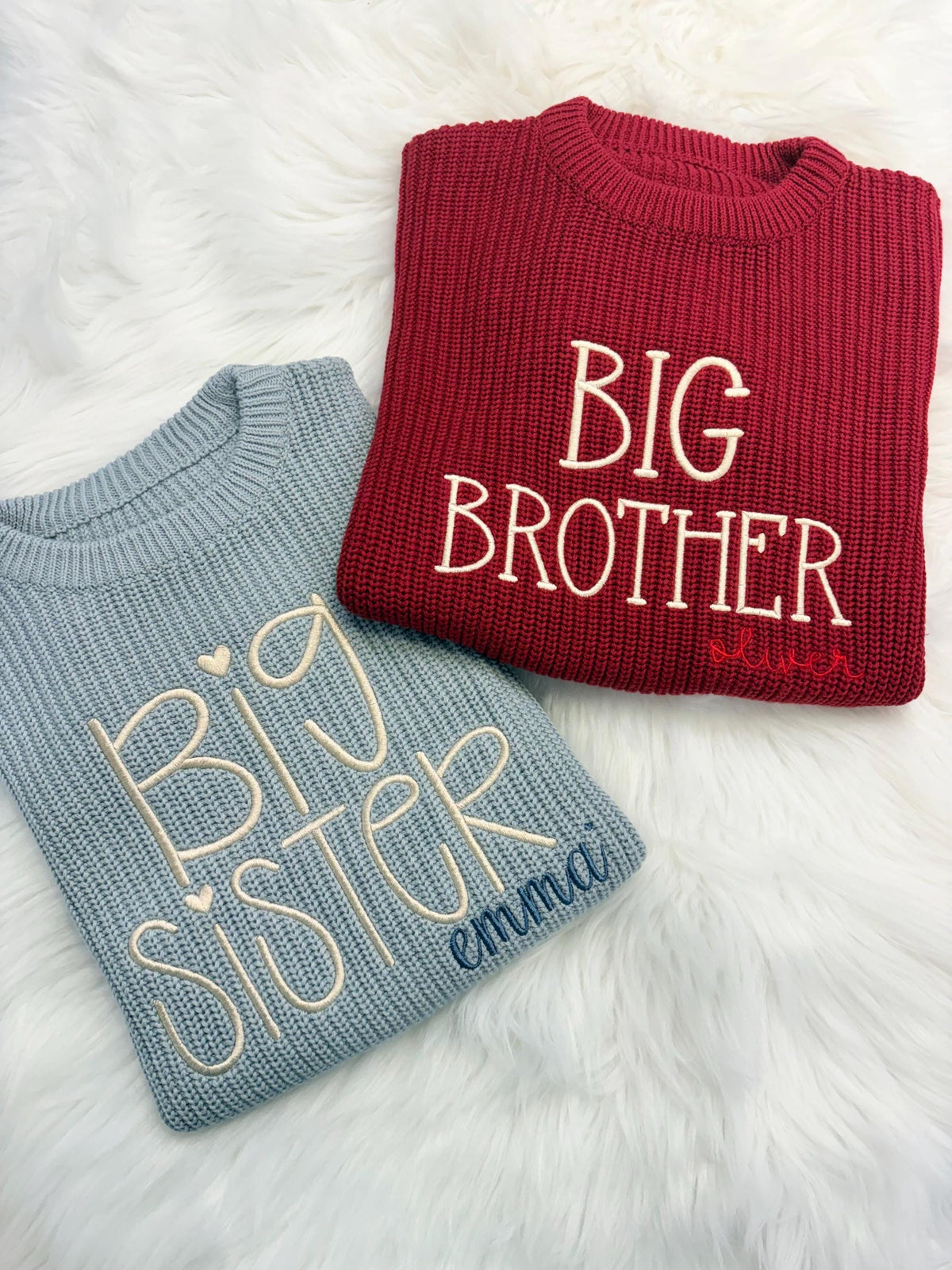 custom embroidered personalized baby coming home outfit layette set, big sister big brother sweater little sister little brother gown outfit big sister little sister big brother little brother matching set, Baby Toddler Name Sweater, matching siblings hospital outfit, Red and white, tan, beige, blue, mint green, lavender, blush pink, brown, confetti chunky knit personalized sweater shirt outfit, newborn bamboo gown with hat headband and swaddle set, the mod mango baby co, outfit baby toddler