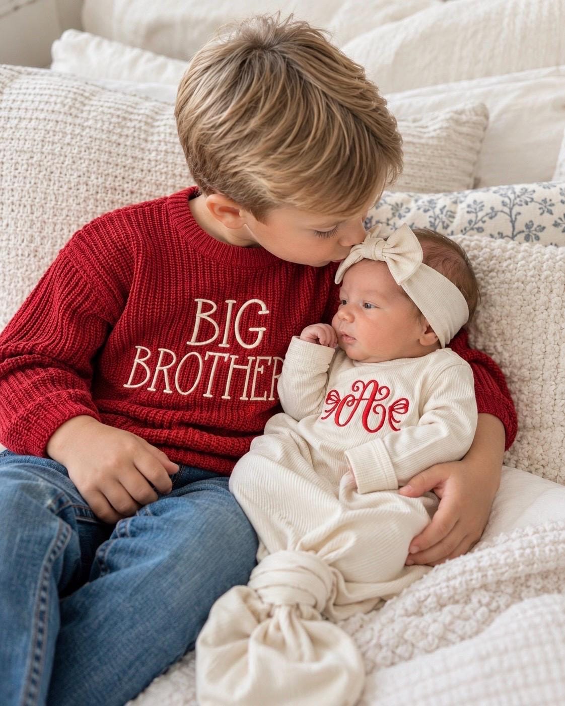 personalized big brother big sister sweater, custom name sweater for big sister, custom name sweater for big brother, fall sibling sweater, chunky knit sweater for siblings, fall shirt sweater sweatshirt big brother big sister, red, blue, beige, confetti, brown, mint green, white, lavender purple, blush pink, custom toddler sweaters, the modmango baby co, themodmango baby boutique