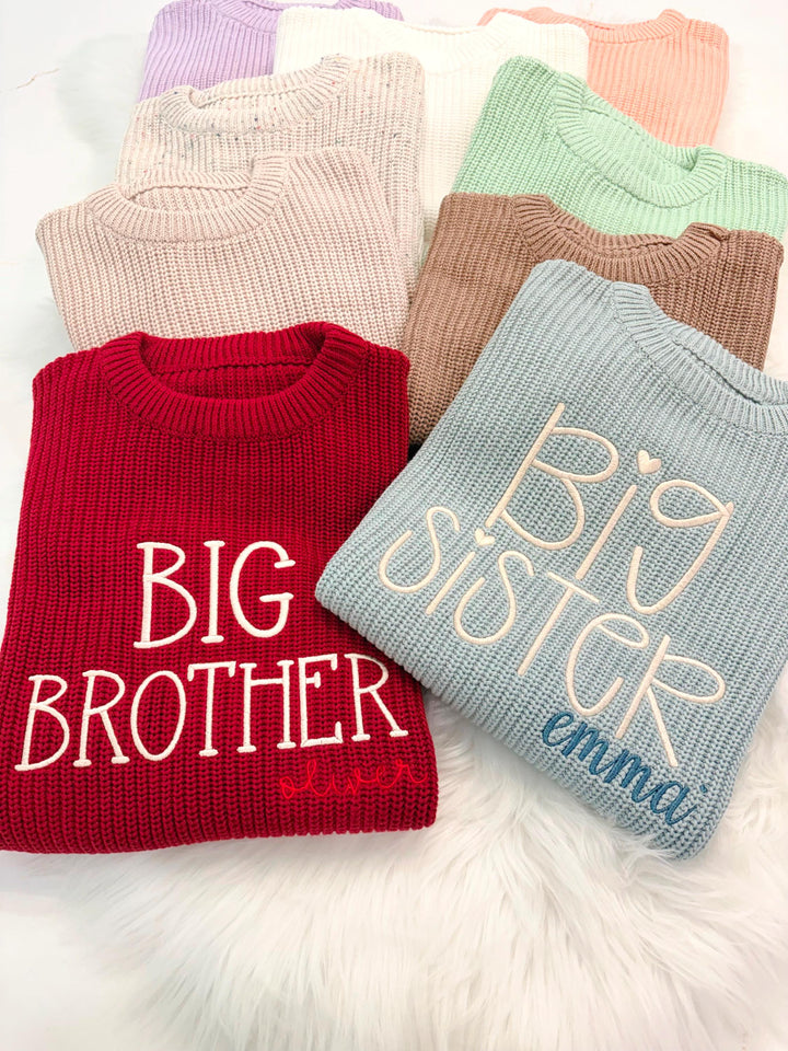 personalized big brother big sister sweater, custom name sweater for big sister, custom name sweater for big brother, fall sibling sweater, chunky knit sweater for siblings, fall shirt sweater sweatshirt big brother big sister, red, blue, beige, confetti, brown, mint green, white, lavender purple, blush pink, custom toddler sweaters, the modmango baby co, themodmango baby boutique
