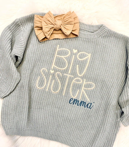 personalized big brother big sister sweater, custom name sweater for big sister, custom name sweater for big brother, fall sibling sweater, chunky knit sweater for siblings, fall shirt sweater sweatshirt big brother big sister, red, blue, beige, confetti, brown, mint green, white, lavender purple, blush pink, custom toddler sweaters, the modmango baby co, themodmango baby boutique