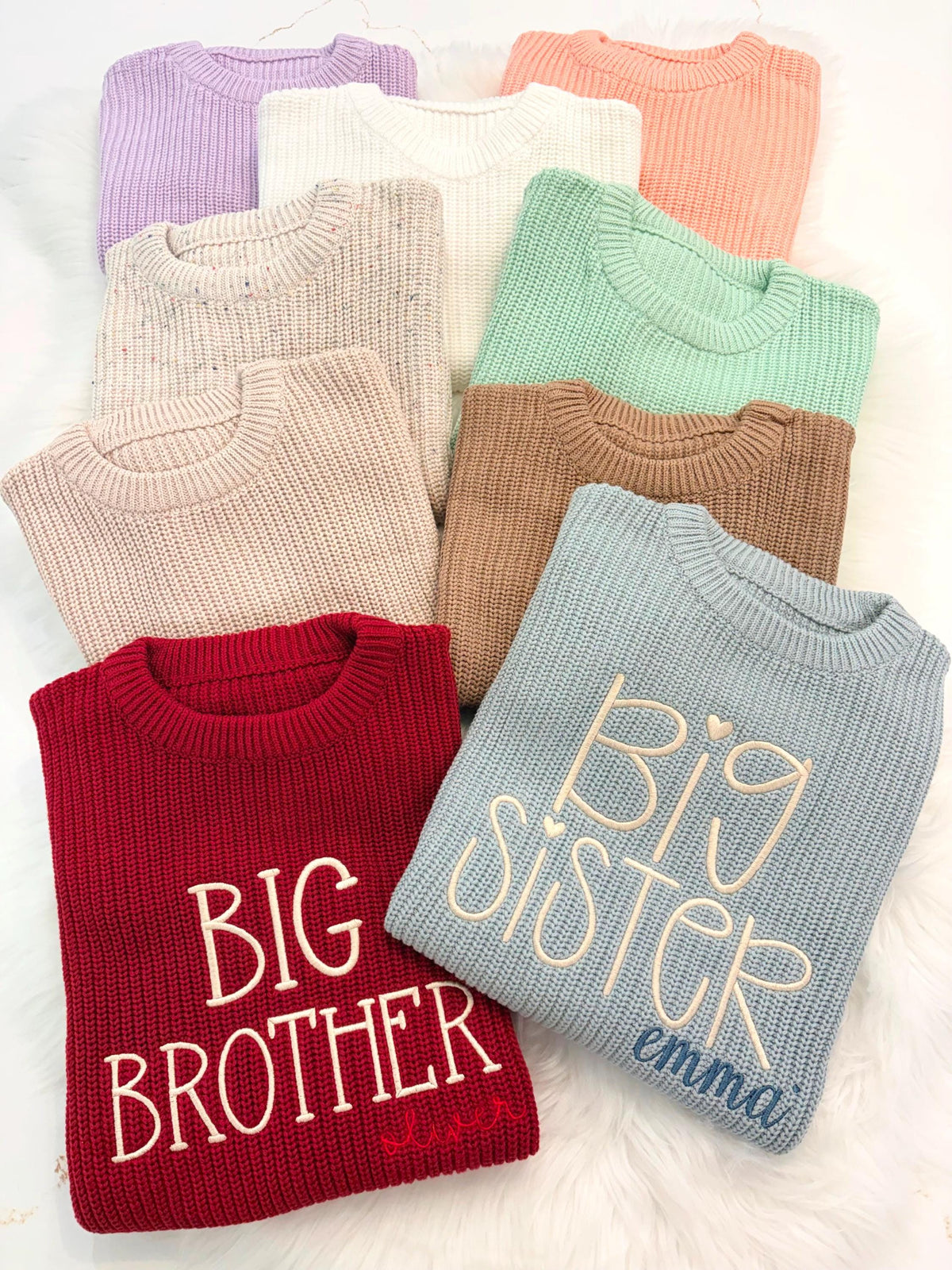 personalized big brother big sister sweater, custom name sweater for big sister, custom name sweater for big brother, fall sibling sweater, chunky knit sweater for siblings, fall shirt sweater sweatshirt big brother big sister, red, blue, beige, confetti, brown, mint green, white, lavender purple, blush pink, custom toddler sweaters, the modmango baby co, themodmango baby boutique