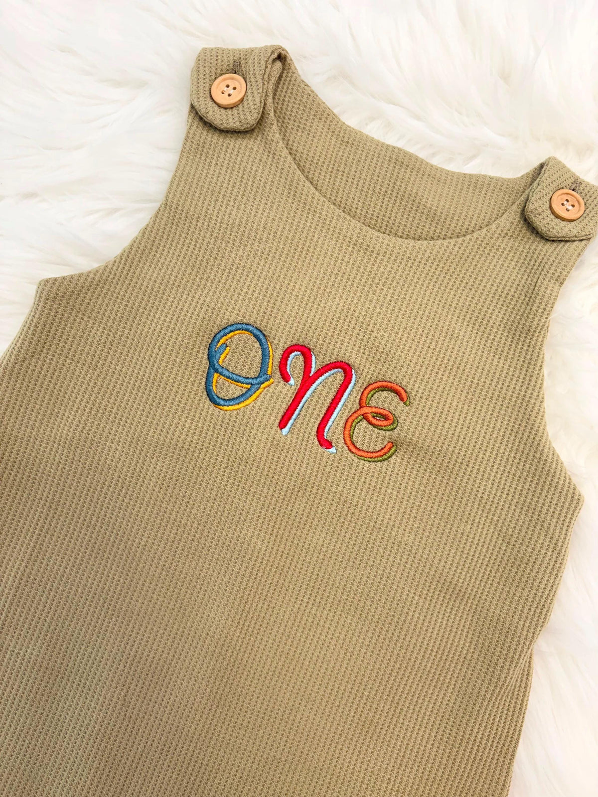 colorful green fun to be one waffle knit baby boys first birthday one romper overalls jon jons olive green, blue, yellow, red, orange, first birthday theme boys romper first birthday overalls outfit one boys first birthday outfit, the mod mango baby boutique co