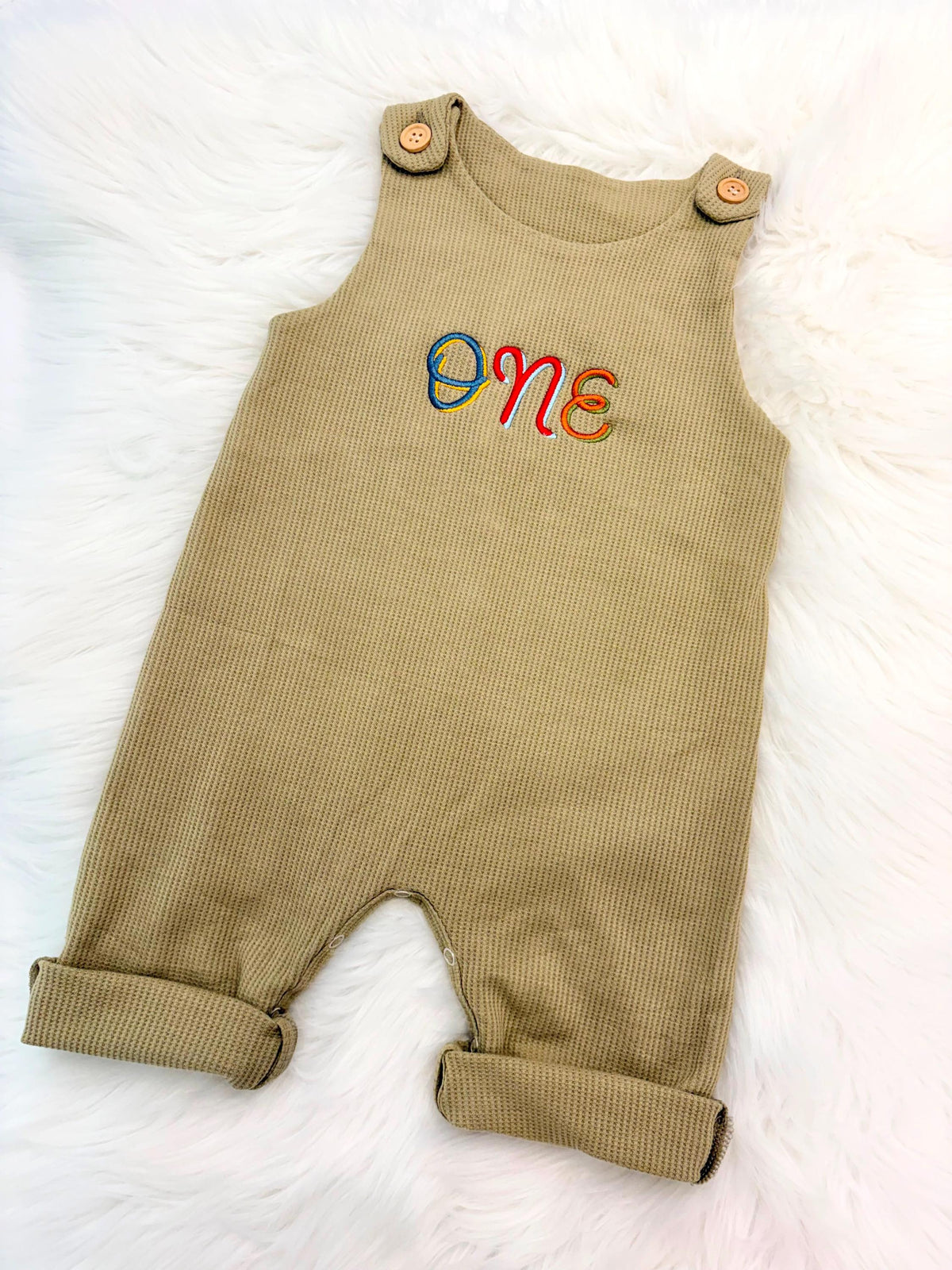 colorful green fun to be one waffle knit baby boys first birthday one romper overalls jon jons olive green, blue, yellow, red, orange, first birthday theme boys romper first birthday overalls outfit one boys first birthday outfit, the mod mango baby boutique co