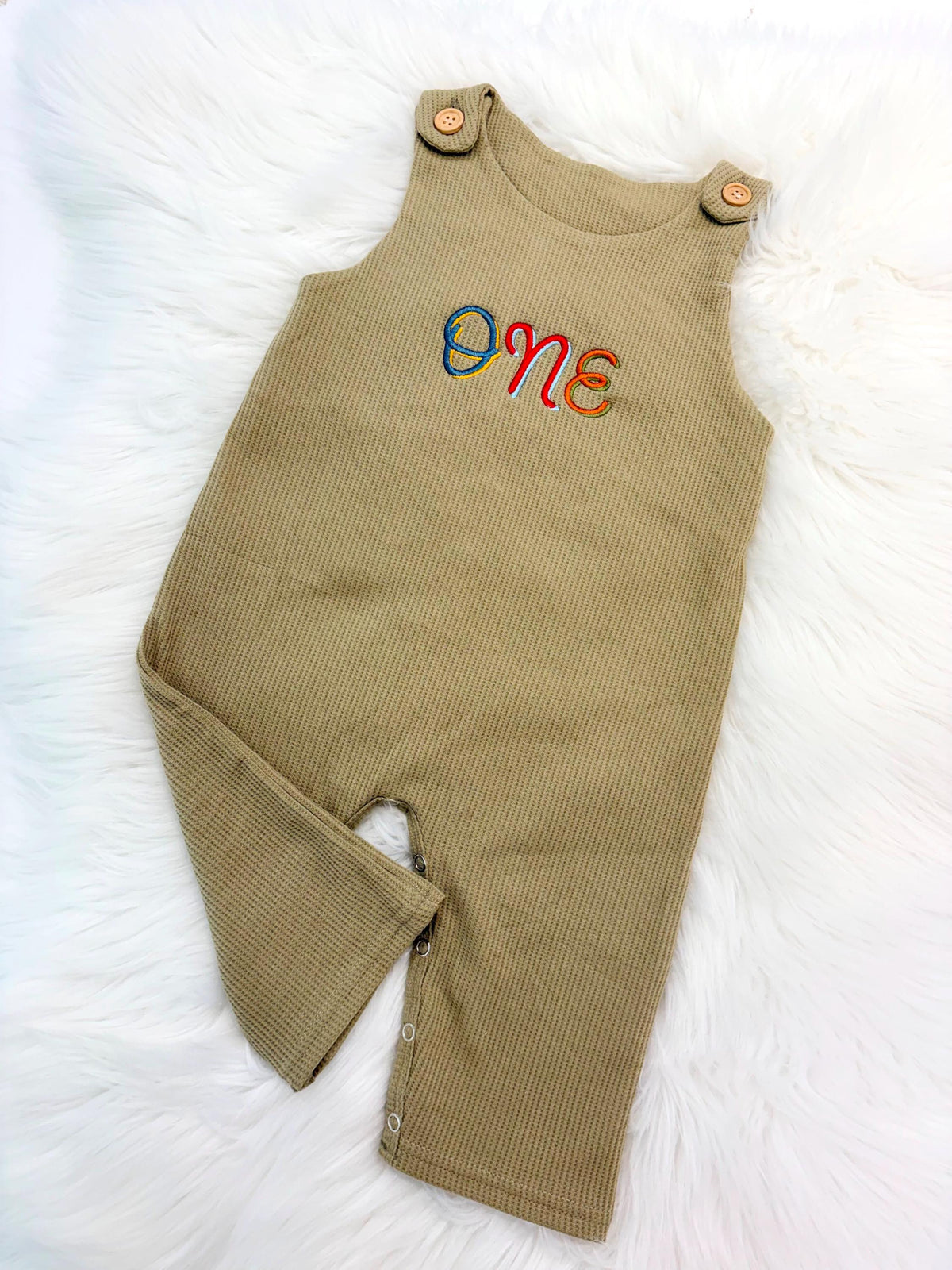 colorful green fun to be one waffle knit baby boys first birthday one romper overalls jon jons olive green, blue, yellow, red, orange, first birthday theme boys romper first birthday overalls outfit one boys first birthday outfit, the mod mango baby boutique co