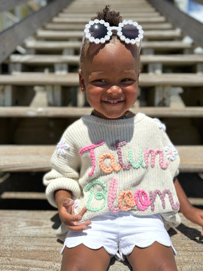 hand embroidered toddler sweater Girls Boys Chunky Knit Hand Embroidered Custom toddler Name Sweater, Oversized Sweater for boys girls, toddler girls sweater,  boys sweater, toddler boys sweater, colorful, rainbow letter neutral beige cream sweater with name, big sister sweater, big brother sweater, big brother gift, big sister gift, fall toddler outfit, custom toddler kids sweater