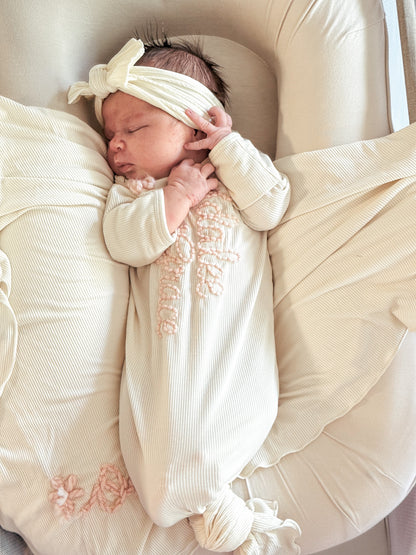 Newborn Girls Bamboo Knotted Gown, Headband and Swaddle Layette Set