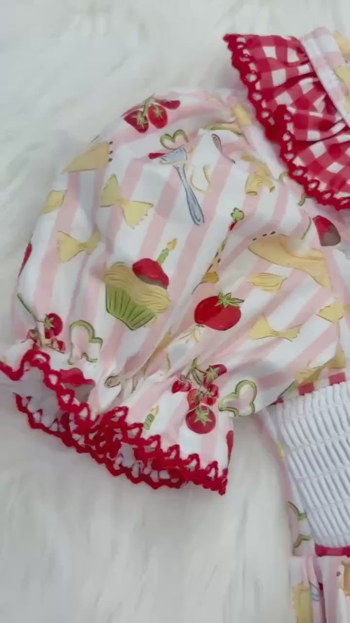 Holy Cannoli First Birthday Smocked Bubble Romper: One Little Meatball 1st Baby Girl Outfit