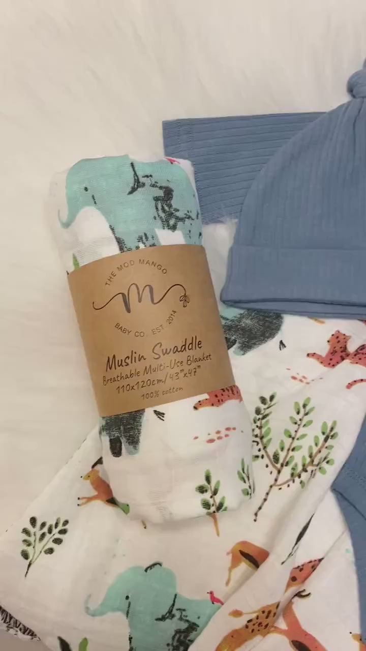 Organic Newborn Gift Set: Lion Lovey, Swaddle Blanket & Ribbed Bodysuit